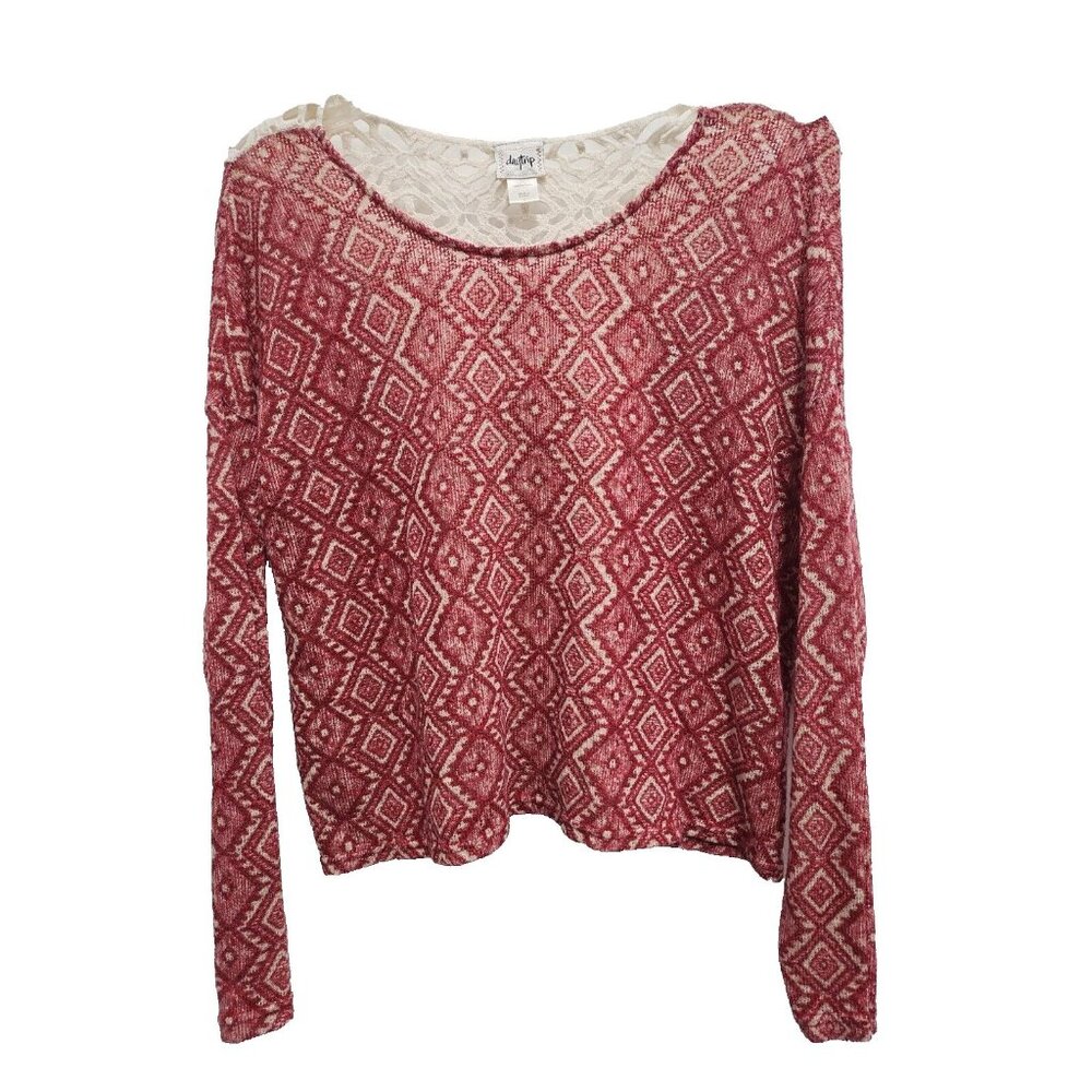 Daytrip The Buckle BOHO Top Womens Large Red White Argyle Crochet Long Sleeve - Picture 1 of 10